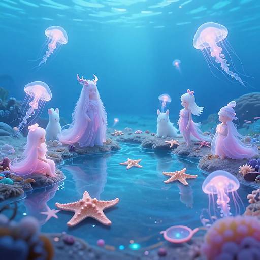 Photograph of an underwater scene with glowing jellyfish, white ethereal mermaid dolls, starfish, and coral, illuminated by blue light.