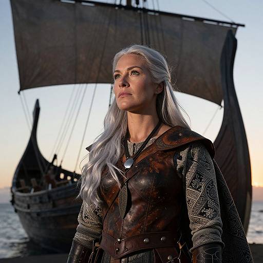 Photograph of a white-haired woman with fair skin in medieval Viking attire, standing in front of a large, sailboat at sunset.