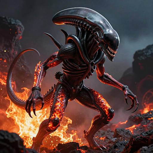 CGI digital art of a glossy black, alien Xenomorph with a sleek, elongated head, sharp claws, and red, molten skin