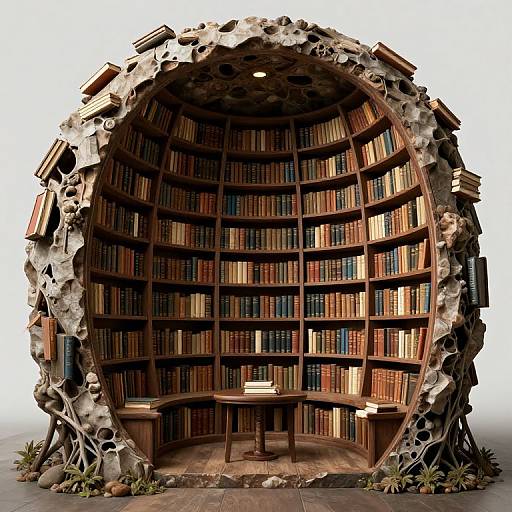 Photorealistic CGI of a spherical, book-filled library with a rugged, skeletal exterior, surrounded by plants, and a central wooden table.