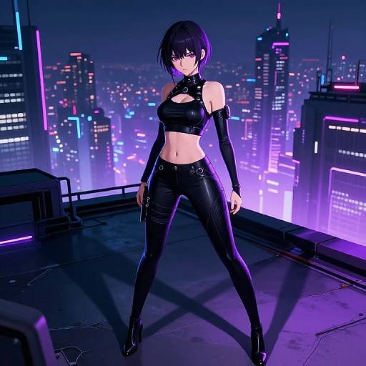 Digital anime-style image of a dark-haired woman in black leather crop top and pants, standing confidently on a rooftop at night with a neon-lit city