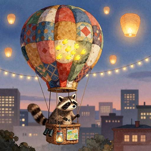 Whimsical Raccoon in Patchwork Balloon