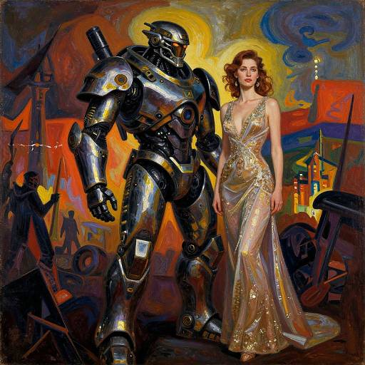 Digital painting of a curvaceous woman in a glittering gold gown beside a towering, reflective robot in a chaotic, colorful factory.