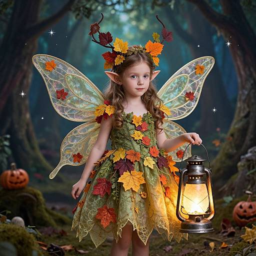 Photograph of a young fairy girl with autumn leaves dress, transparent wings, antler headpiece, holding lantern in enchanted forest.