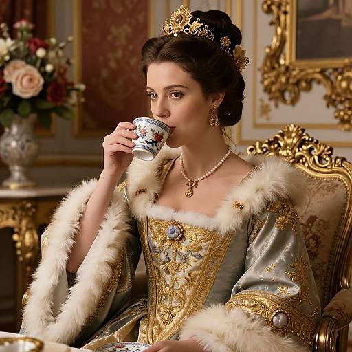 Photograph of a regal woman with dark hair in an elaborate updo, wearing a gold and silver embroidered fur-trimmed gown, sipping