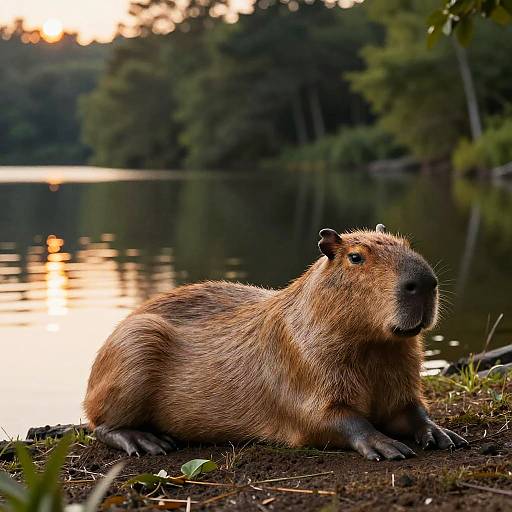 Capybara Relaxing by Forest Lake