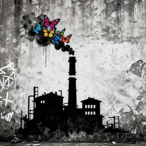Digital art: Black silhouette of industrial factory with tall smokestack. Bright, colorful butterflies emerge from smoke, contrasting against a textured, grungy,