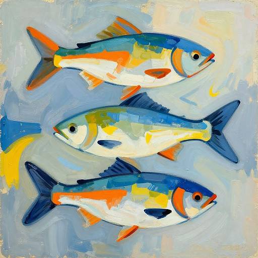 Vibrant abstract painting of three colorful fish with blue, orange, and yellow accents, set against a swirling blue and white background.