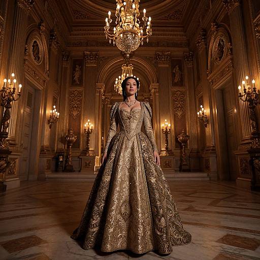 Photograph of a woman in an ornate, gold-embroidered ball gown, standing in an opulent, chandelier-lit, bar