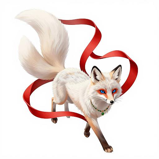 White Multi-Tailed Fox with Red Ribbons