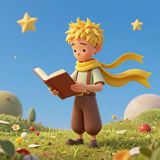 CGI image of a cute, blonde boy with a yellow scarf, reading a book in a vibrant, starry, grassy meadow.