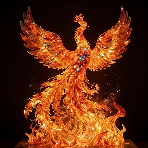 Digital artwork of a vibrant, fiery phoenix with outstretched wings, adorned with blue gems, set against a black background.