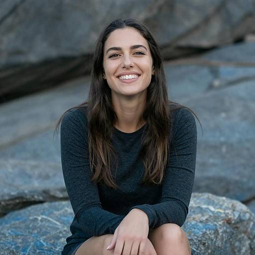 Content Woman on Blue Rocks Portrait