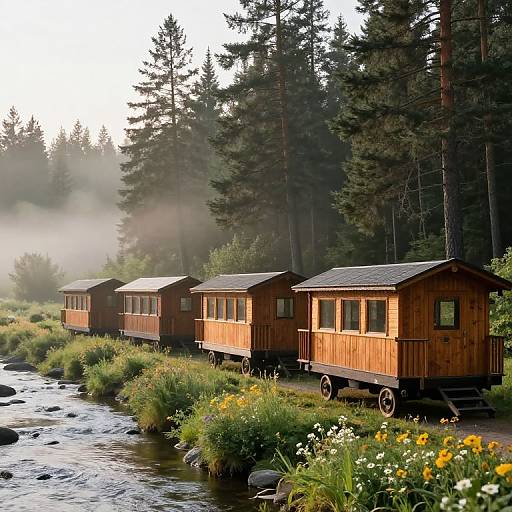 Photograph of three wooden cabins on stilts by a misty forest stream, surrounded by tall trees and vibrant wildflowers.