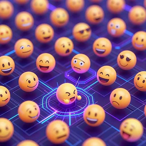 Digital image of orange emoji faces with various expressions, centered around a highlighted, winking emoji on a glowing, blue grid background.