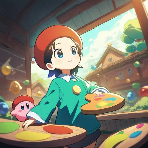 Illustration of Adeleine, kirby (series) in the style of Haniwa (leaf garden)
