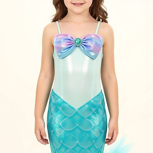 Photograph of a young girl wearing a mermaid costume with a shiny, light blue and white sequin skirt and a lavender bow with a green gem