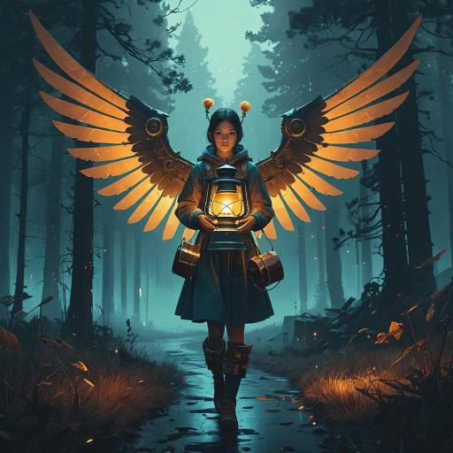 Girl with Mechanical Wings Holding Lantern in Mystical Forest