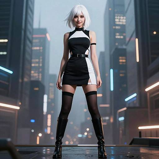 Digital art of a confident, white-haired woman in a black and white mini dress, thigh-high stockings, and boots, standing in a neon-lit