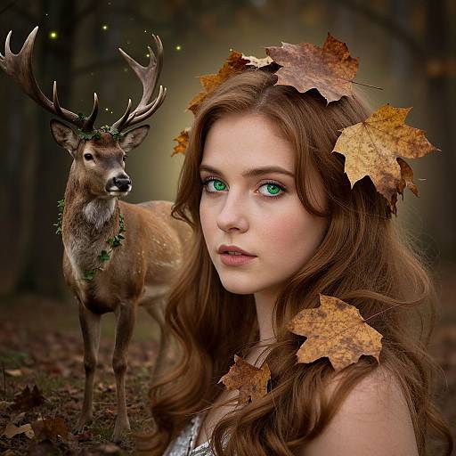 Photorealistic digital artwork: Fair-skinned, green-eyed woman with brown hair adorned with autumn leaves stands beside a deer with antlers in a forest