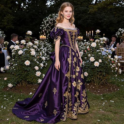 Photograph of a blonde woman in a dark purple, gold-embroidered, off-shoulder gown, standing in a rose garden at an