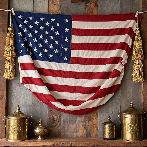 Photograph of an American flag with gold tassels hanging on a rustic wooden wall, flanked by ornate brass containers.