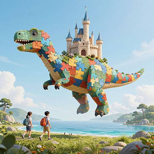 Colorful, puzzle-piece dinosaur with castle on back, soaring above beach; two children in foreground, bright blue sky, vibrant landscape. Digital art.
