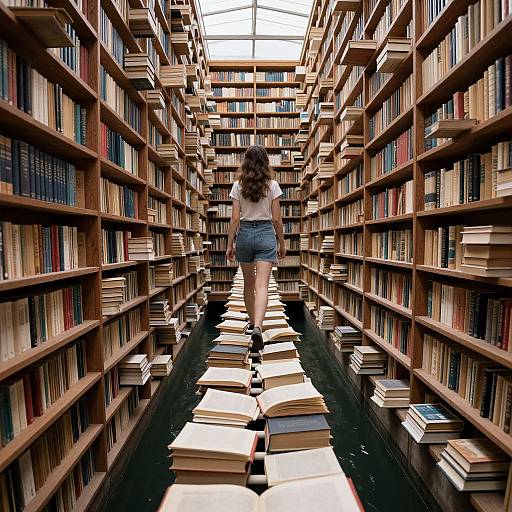 Photograph of a woman with curly hair, wearing a white top and denim shorts, walking through a library aisle with books stacked on the floor. Sun