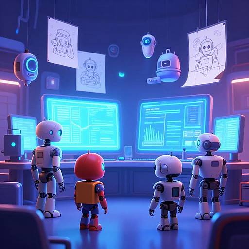 Photograph-style CGI: Three white humanoid robots and one orange child robot stand in a futuristic lab with blue-lit screens and floating drawings.