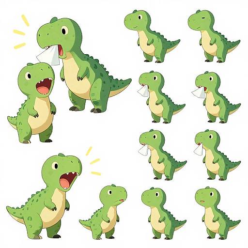 Cartoon green baby dinosaurs in various expressions and poses, standing on a white background, illustrated in a digital, cute style.