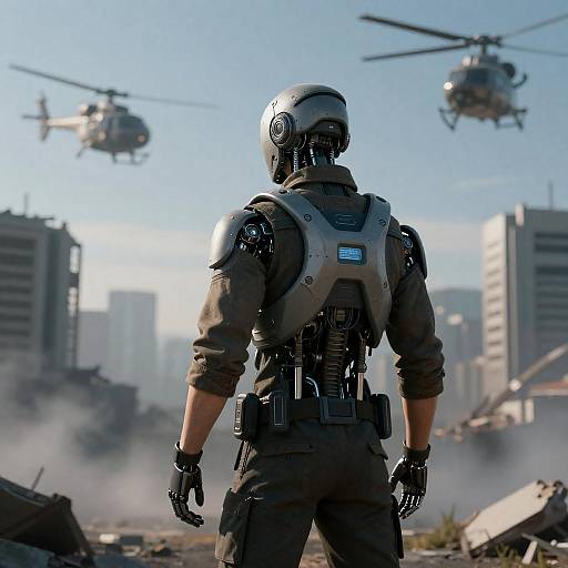 Futuristic Cybernetic Figure in Cityscape