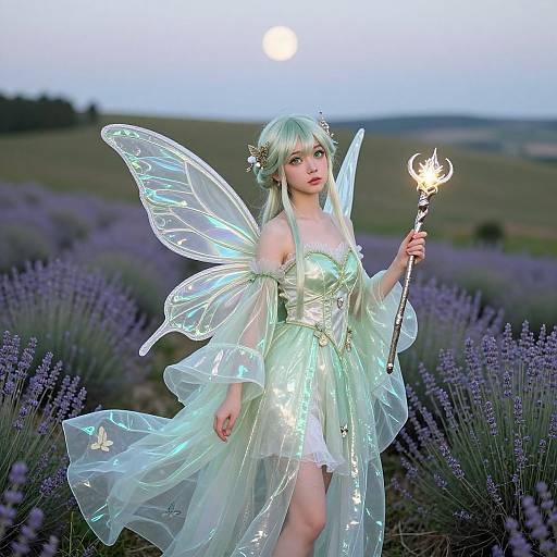 Photograph of a pale-skinned, blonde-haired fairy cosplay girl with iridescent wings, green glowing dress, holding a flaming wand, standing in