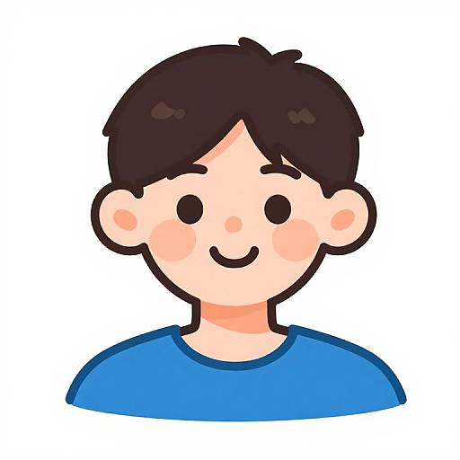 Cartoon-style digital drawing of a smiling young boy with black hair, fair skin, blue shirt, and simple black dot eyes and mouth.