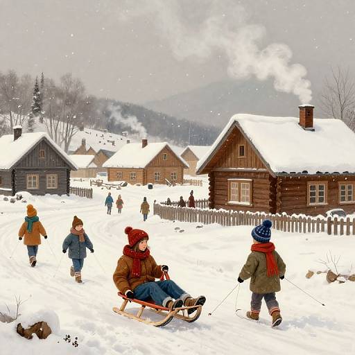 Winter village scene: Children in colorful winter clothes sledding, snow-covered houses, smoke from chimneys, snowfall, and distant mountains. Digital