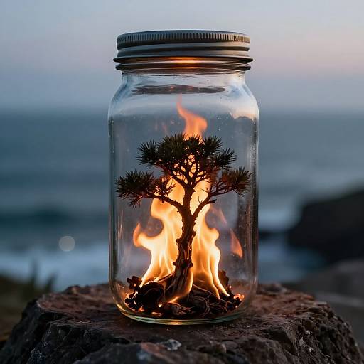 Photograph of a small pine tree inside a clear glass jar with a metal lid, set ablaze on a rocky coastal surface at twilight.