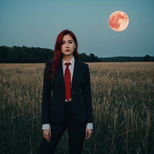 Photograph of a serious-looking woman with long red hair, wearing a black suit and red tie, standing in a field at dusk with a large,