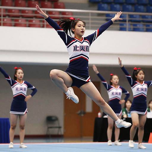 Asian Cheerleader Mid-Jump Action