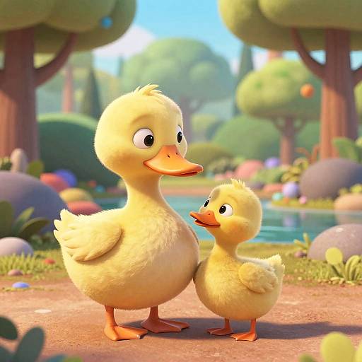CGI image of a cute, fluffy yellow duck mother and chick standing on a sunny, colorful forest path with trees and a pond.