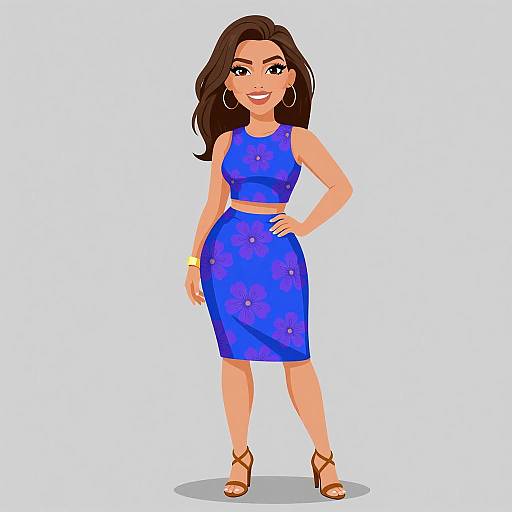 Digital illustration of a smiling woman with long brown hair, wearing a blue floral crop top and matching skirt, brown sandals, and hoop earrings, standing against