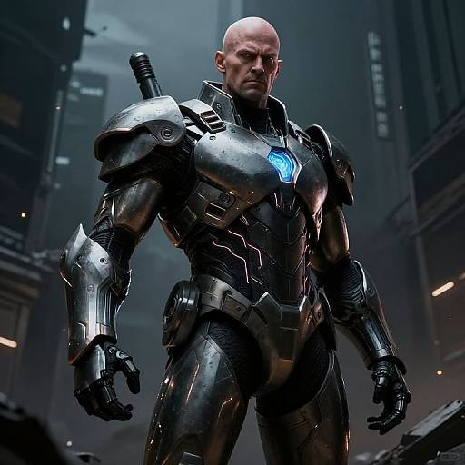 Photorealistic CGI of bald, muscular man in dark, metallic, futuristic armor with glowing blue chest emblem, standing in a dimly lit, urban
