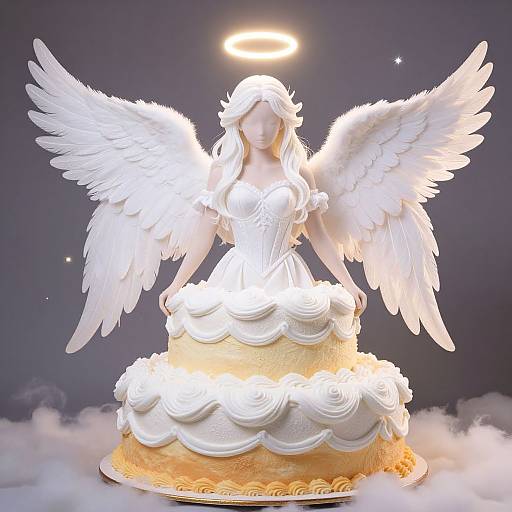 Photorealistic digital image of an angelic figure with white wings and halo, standing on a two-tiered, white and yellow frosted cake,