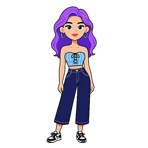 Cartoon-style digital drawing of a woman with long purple hair, wearing a blue strapless top, high-waisted dark blue pants, and black