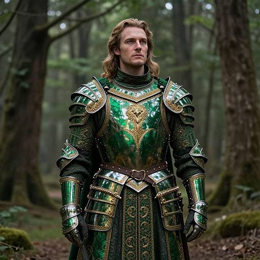 Photograph of a blonde man in detailed, emerald green and gold medieval armor standing in a misty forest, looking serious.