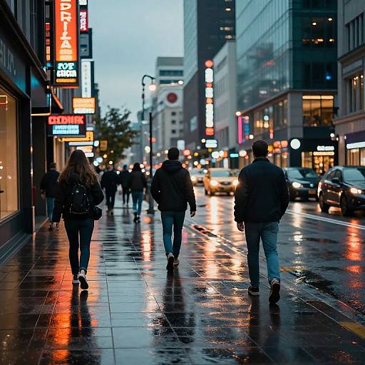 Photograph of a rainy urban street at dusk, showing three people walking away from the camera, with vibrant neon signs reflecting on the wet pavement.