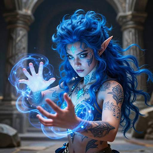Blue Hair Elf Mage Casting Spell