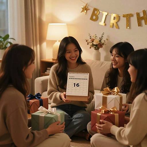 Photograph of four smiling Asian women celebrating a birthday in a cozy living room, one holding a calendar showing 