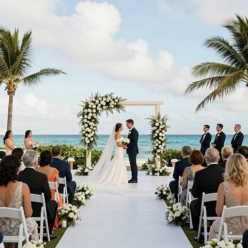 Photograph of a beach wedding with the bride in a white gown and veil, groom in a black suit, exchanging vows under a floral arch, surrounded