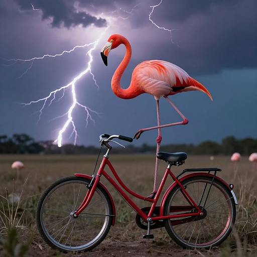 Photograph of a vibrant pink flamingo standing on a red bicycle during a lightning storm, with dramatic blue-gray clouds and bright white lightning in the background