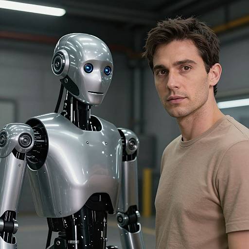 Photorealistic image of a handsome man in a beige t-shirt standing beside a shiny, silver humanoid robot with blue eyes. Background: dimly lit