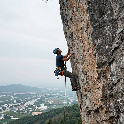 Photograph of a rock climber in black outfit and helmet, ascending rugged cliff, with scenic valley and distant hills in background.